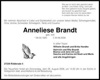 Traueranzeige von Anneliese Brandt von KREISZEITUNG SYKE