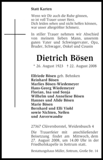 Traueranzeige von Dietrich Bösen von KREISZEITUNG SYKE