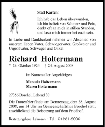 Traueranzeige von Richard Holtermann von KREISZEITUNG SYKE