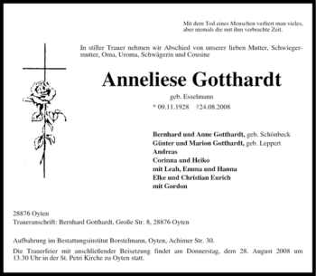 Traueranzeige von Anneliese Gotthardt von KREISZEITUNG SYKE