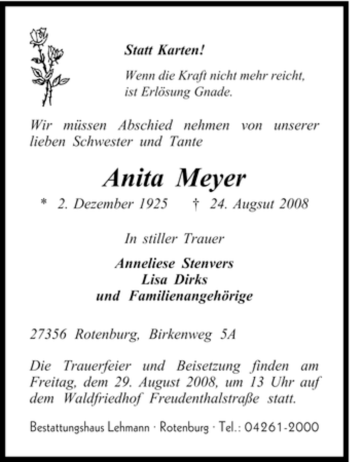 Traueranzeige von Anita Meyer von KREISZEITUNG SYKE