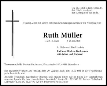 Traueranzeige von Ruth Müller von KREISZEITUNG SYKE