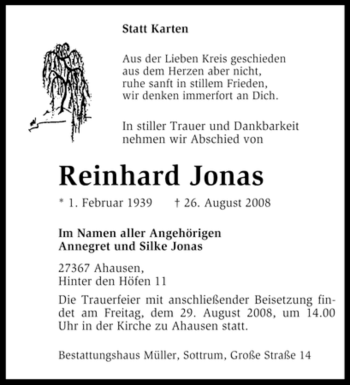 Traueranzeige von Reinhard Jonas von KREISZEITUNG SYKE