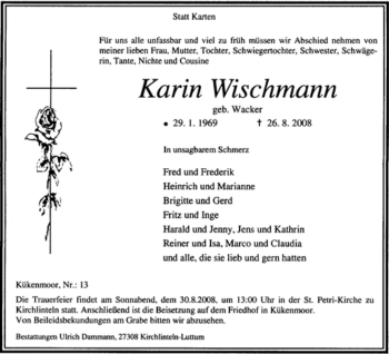 Traueranzeige von Karin Wischmann von KREISZEITUNG SYKE