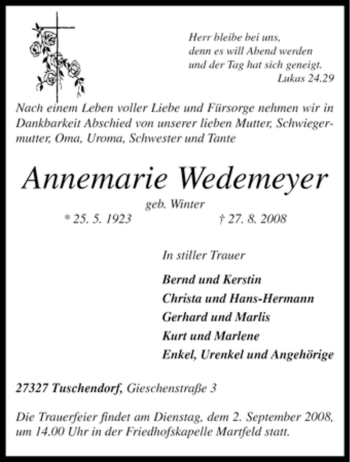 Traueranzeige von Annemarie Wedemeyer von KREISZEITUNG SYKE