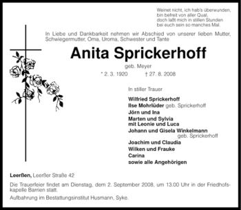 Traueranzeige von Anita Sprickerhoff von KREISZEITUNG SYKE