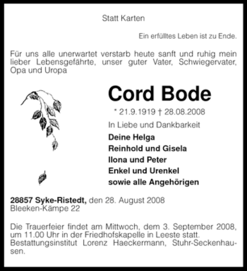 Traueranzeige von Cord Bode von KREISZEITUNG SYKE