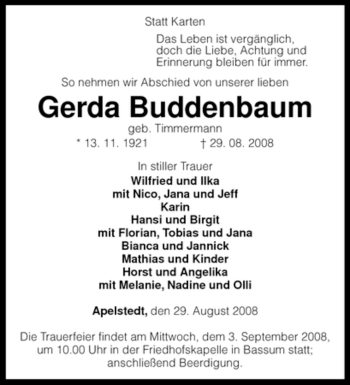 Traueranzeige von Gerda Buddenbaum von KREISZEITUNG SYKE