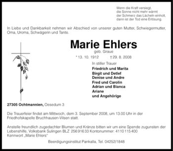 Traueranzeige von Marie Ehlers von KREISZEITUNG SYKE