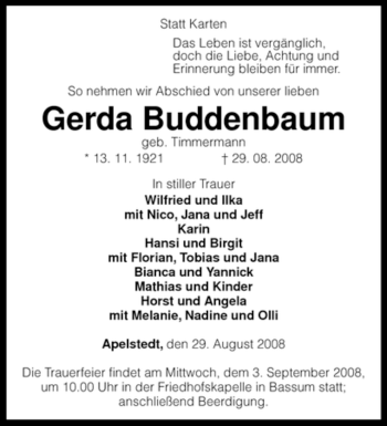 Traueranzeige von Gerda Buddenbaum von KREISZEITUNG SYKE