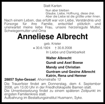 Traueranzeige von Anneliese Albrecht von KREISZEITUNG SYKE