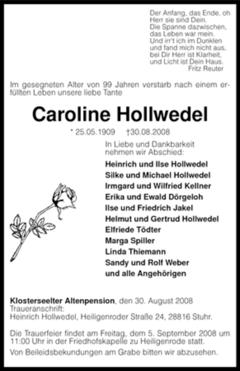 Traueranzeige von Caroline Hollwedel von KREISZEITUNG SYKE