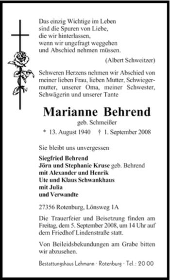 Traueranzeige von Marianne Behrend von KREISZEITUNG SYKE