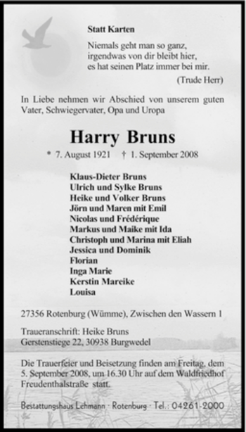 Traueranzeige von Harry Bruns von KREISZEITUNG SYKE