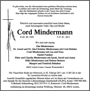 Traueranzeige von Cord Mindermann von KREISZEITUNG SYKE