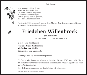 Traueranzeige von Friedchen Willenbrock von KREISZEITUNG SYKE