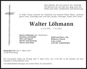 Traueranzeige von Walter Löhmann von KREISZEITUNG SYKE