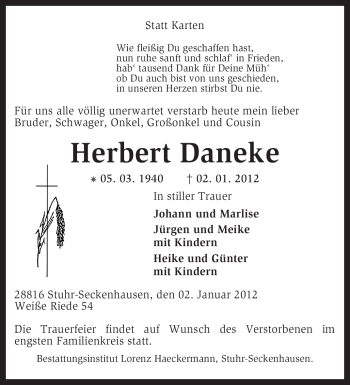 Traueranzeige von Herbert Daneke von KREISZEITUNG SYKE