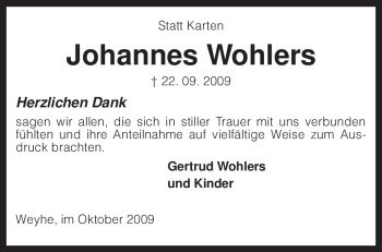 Traueranzeige von Johannes Wohlers von KREISZEITUNG SYKE