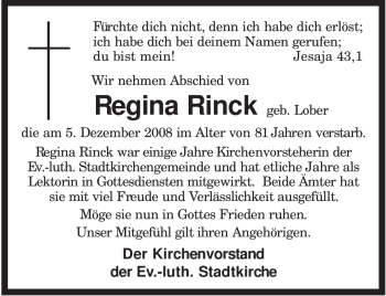 Traueranzeige von Regina Rinck von KREISZEITUNG SYKE