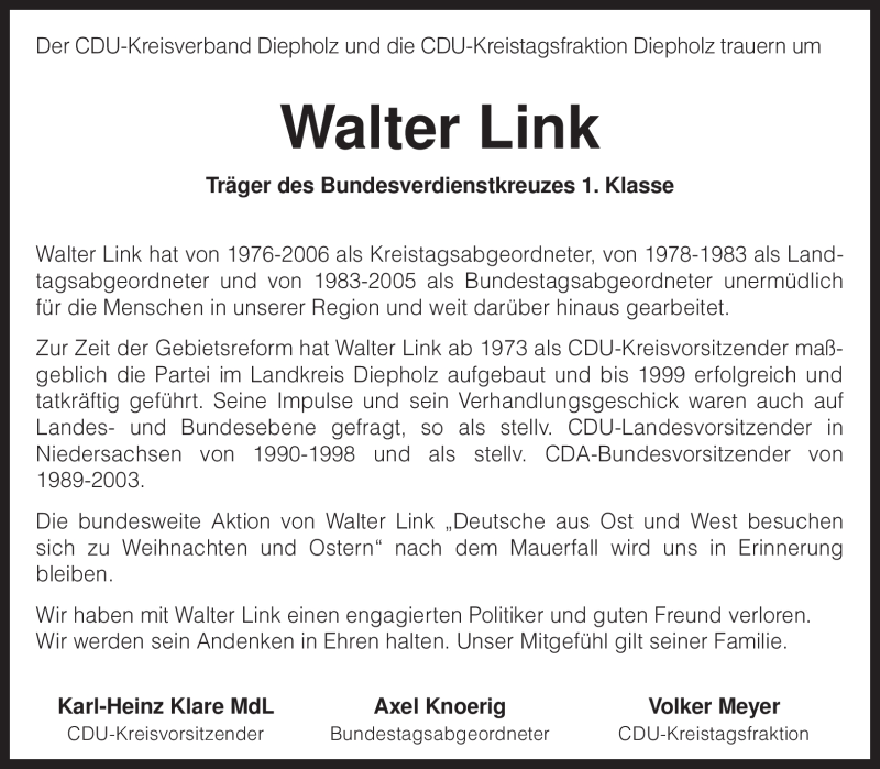  Traueranzeige für Walter Link vom 20.01.2010 aus KREISZEITUNG SYKE