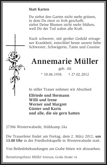 Traueranzeige von Annemarie Müller von KREISZEITUNG SYKE