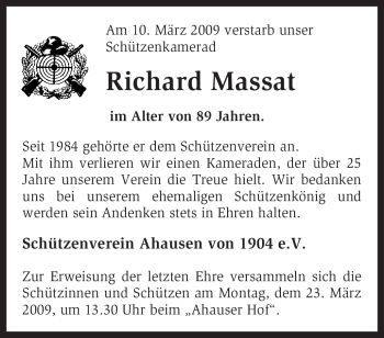 Traueranzeige von Richard Massat von KREISZEITUNG SYKE