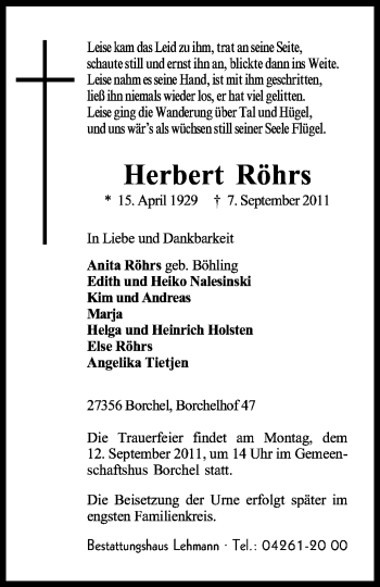 Traueranzeige von Herbert Röhrs von KREISZEITUNG SYKE