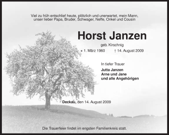 Traueranzeige von Horst Janzen von KREISZEITUNG SYKE