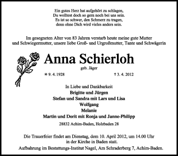 Traueranzeige von Anna Schierloh von KREISZEITUNG SYKE