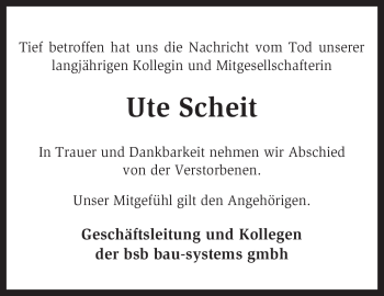 Traueranzeige von Ute Scheit von KREISZEITUNG SYKE