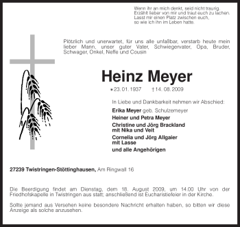 Traueranzeige von Heinz Meyer von KREISZEITUNG SYKE