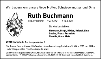Traueranzeige von Ruth Buchmann von KREISZEITUNG SYKE