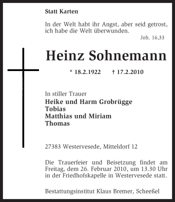 Traueranzeige von Heinz Sohnemann von KREISZEITUNG SYKE