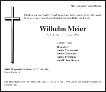 Traueranzeige von Wilhelm Meier von KREISZEITUNG SYKE