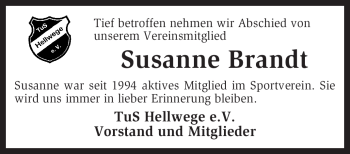 Traueranzeige von Susanne Brandt von KREISZEITUNG SYKE