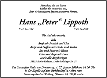 Traueranzeige von Hans Lippoth von KREISZEITUNG SYKE