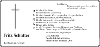 Traueranzeige von Fritz Schütter von KREISZEITUNG SYKE