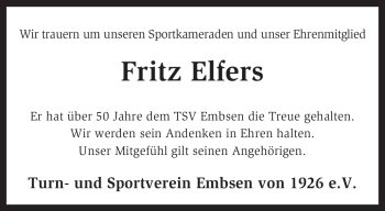 Traueranzeige von Fritz Elfers von KREISZEITUNG SYKE