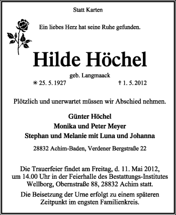Traueranzeige von Hilde Höchel von KREISZEITUNG SYKE