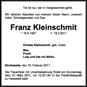 Traueranzeige von Franz Kleinschmidt von KREISZEITUNG SYKE