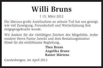 Traueranzeige von Willi Bruns von KREISZEITUNG SYKE