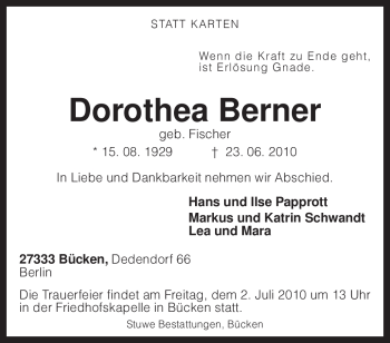 Traueranzeige von Dorothea Berner von KREISZEITUNG SYKE