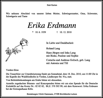 Traueranzeige von Erika Erdmann von KREISZEITUNG SYKE