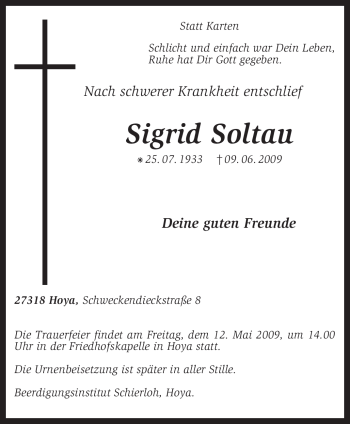 Traueranzeige von Sigrid Soltau von KREISZEITUNG SYKE