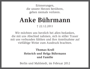 Traueranzeige von Anke Bührmann von KREISZEITUNG SYKE