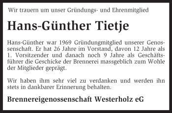 Traueranzeige von Hans-Günther Tietje von KRZ