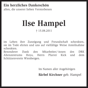 Traueranzeige von Ilse Hampel von KREISZEITUNG SYKE