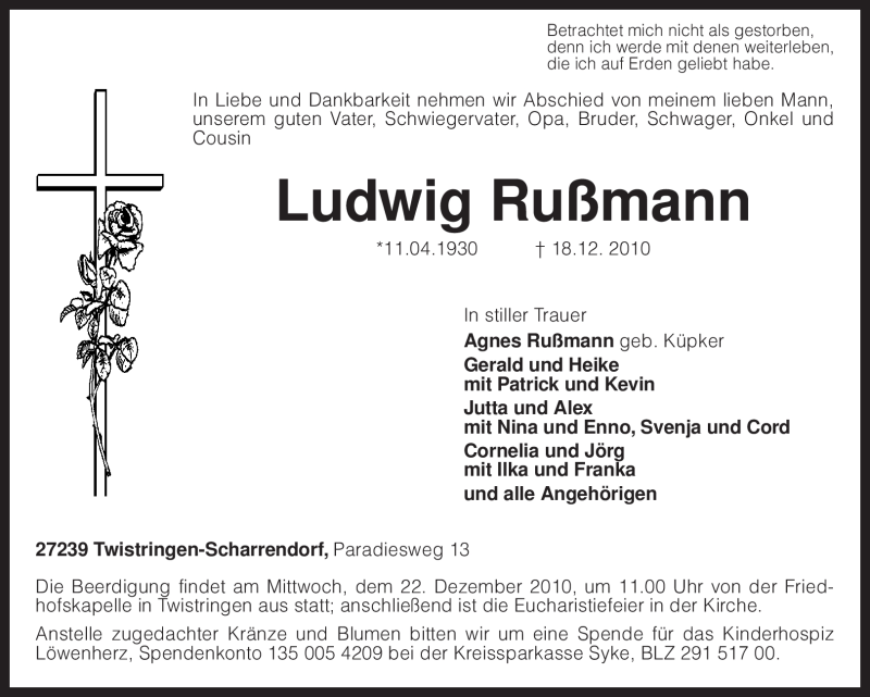  Traueranzeige für Ludwig Rußmann vom 20.12.2010 aus KREISZEITUNG SYKE