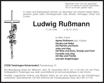 Traueranzeige von Ludwig Rußmann von KREISZEITUNG SYKE